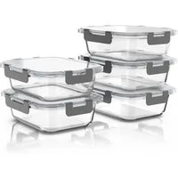 Arendo Frischhaltedose mit Deckel 5er Set, Vorratsdosen, Glas-Lunchboxen, auslaufsicher, Borosilikatglas, Kunststoff, (5-tlg), Mikrowellen-, Ofen-, Gefrier- & spülmaschinengeeignet, Klickverschluss