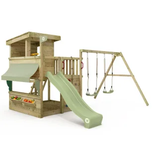 Stelzenhaus Smart Patio mit Wellenrutsche, Kletterwand und Sandkasten - Massivholz Spielhaus für den Garten zum Toben und Klettern - Wickey