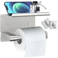 SURFOU Toilettenpapierhalter Toilettenpapierhalter Edelstahl Klopapierhalter Ohne Bohren mit Ablage (mit Smartphone-Ablage, Klorollenhalter Wandmontage, Schwarz/Silber), Edelstahl Klorollenhalter mit 2 Klebehaken für Küche und Badzimmer