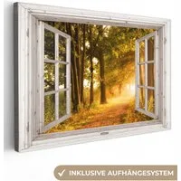 OneMillionCanvasses® Leinwandbild Wald - Bäume - Sonnenlicht - Herbst - Weg - Natur - Fensterblick, Fotodruck (1 St), Leinwand Bilder Klein, Wand Dekoration Aesthetic 30x20 cm