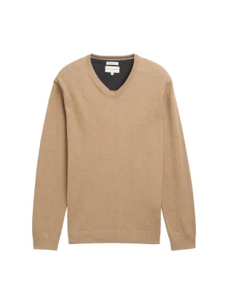Tom Tailor - Strickpullover mit V-Ausschnitt hazel brown melange - Gr. - XL
