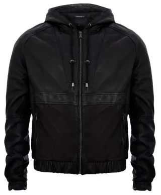 Bomber-Bikerjacke aus Leder mit Kapuze und Reißverschluss