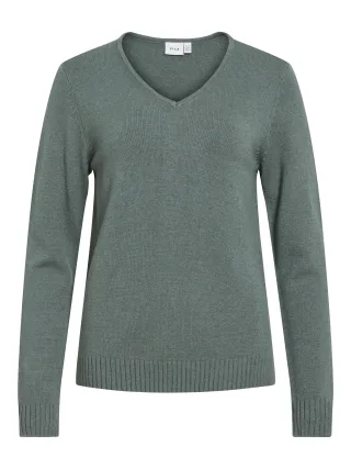 VILA - VIRIL V-NECK L/S KNIT TOP - NOOS Balsam Green - Gr. - S