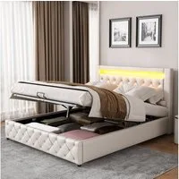 Flieks Polsterbett, LED-Beleuchtung Kunstleder Doppelbett Stauraum 140x200cm