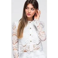 OMBRE Hemdbluse Damen Bluse mit dekorativer Spitze im romantischen Stil Weiß M (kein Set, 1-tlg)