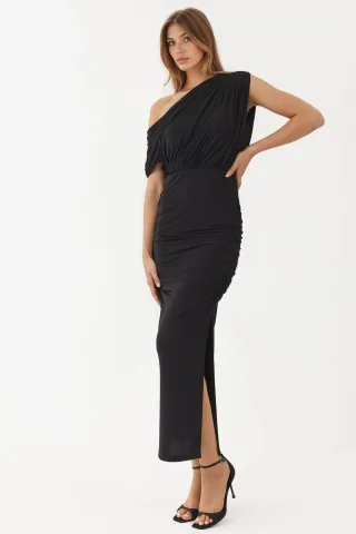 Schlitz-Detailliertes asymmetrisches Kragen-Elastisches Midi-Wickelkleid