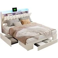 FUROKOY Stauraumbett Polsterbett Doppelbett mit LED-Beleuchtung und 3 Schubladen (Klappbares Gepolstertes Kopfteil mit USB-Ladeanschluss), für Erwachsene und Jugendliche, 140x200 cm, Samt, Beige