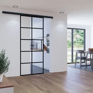 Glasschiebetür klar 10 Felder schwarz 880x2035mm Stabgriff