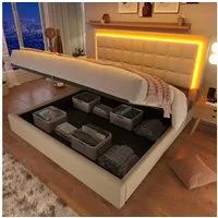 Flieks Stauraumbett (1-tlg), LED-Beleuchtung Kunstleder Doppelbett 160x200cm