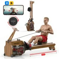 Wenoker Rudergerät Wasser für Zuhause aus FSC-Massiv-Eiche App-kompatibel, 22L-Wassertank (1-tlg., LCD-Display mit Drehregler, mehrstufig einstellbarer Widerstand), Bluetooth, Zwift-/Kinomap-Kompatibilität, Tablet-Halterung