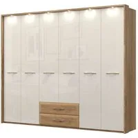 OTTO home Kleiderschrank Gala, beige hochglänzend UV lackiert, kratzfest, FSC-zertifiziert (abgerundete Schubladen aus MDF im Holzdekor, soft-close) mit Beleuchtung und Passpartourahmen, hoher Schrank (224cm), 4 Breiten