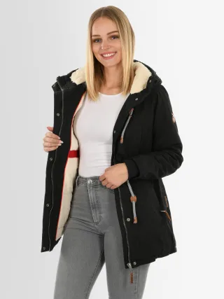 Navahoo Ireliaa Damen Parka – Windabweisende Winterjacke mit Teddyfell & Kapuze - Schwarz