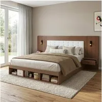 Flieks Holzbett, Stauraumbett 180x200cm mit 2 Nachttische, Aufladen und Leselampe