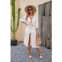 MOPUEA Strandkleid Strandkleid Damen Tunika mit Spitze V Ausschnitt Knielang Atmungsaktiv