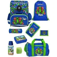 Familando Schulranzen Minecraft 1.-4. Klasse ergonomisch, geräumig, Volumen 18 Liter (Set, 9-tlg., inkl. Lunch-Set und Sporttasche), MINECRAFT Motiv blau