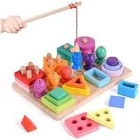 Diwzbyn Lernspielzeug Montessori-Spielzeug ab 3 Jahr – Holzspielzeug & Stapelspielzeug, 3-in-1 Farben- und Formensortierer sowie Angelspiel, Kinderspielzeug