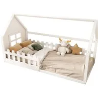 Flieks Massivholzbett, Kinderbett Hausbett Einzelbett 90x200cm mit Lattenrost und Zaun