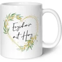 GRAVURZEILE Tasse mit Spruch - Erzieher / Erzieherin mit Herz - Langlebiger Druck, aus Keramik - Spülmaschinenfest, Motiv: Erzieherin - Farbe: Weiß
