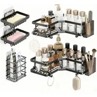 SURFOU Duschablage ohne Bohren 7-teiliger Badezimmer Organizer aus Edelstahl, Selbstklebend mit Seifenschale & Haltern. Für Bad & Küche. Schwarz.