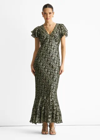 Dunkelgrünes Viskose-Clip-Gold-Jacquard-Maxikleid mit schrägem Schnitt