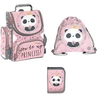PASO Schulranzen Schulset - Panda - altrosa/grau (Ranzen, Turnbeutel, unbefüllte Federmappe)
