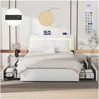 oyajia Polsterbett LED Doppelbett 140x200 cm, mit 4 Schubladen und Lattenrost (Kopfteil mit stauraum und USB-Ladefunktion, Polsterbett mit Metall Bettgestell, PU-Leder), Funktionsbett Stauraumbetten Jugendbett Bettgestell Leises Design Bett