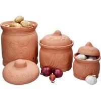 MamboCat Vorratsglas 3er Set Terra Tontöpfe Deckel Terrakotta Kartoffel Zwiebel Knoblauch, Terracotta