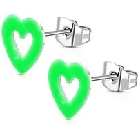 BUNGSA Paar Ohrstecker Ohrstecker offenes Neon-Herz Silber aus Edelstahl Kinder neongrün (1 Paar (2 Stück), 2-tlg), Ohrschmuck Ohrringe