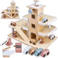 Mamabrum Spiel-Parkhaus Parkhaus aus Holz – Garage mit Autos und Hubschrauber
