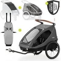 Hauck Fahrradkinderanhänger Dryk Duo - Melange Grey, 2in1 Fahrradanhänger Buggy für 2 Kinder mit Baby Lounger & Schutzpaket