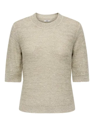 JDY - Kurzarm-Strickpullover mit Pailletten und Rundhalsausschnitt beige - Gr. - XS