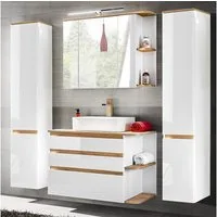 Lomadox Badmöbel-Set CAMPOS-56, (Spar-Set, 4-St., 1 Waschtisch, 1 Spiegelschrank, 2 Hochschränke), weiß mit Wotaneiche 2 Hochschränke 194/200/50 cm