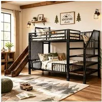 Flieks Etagenbett, Metallbett Kinderbett 90×200cm mit Schutzgitter, Rutsche und Treppe