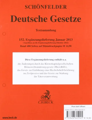 Deutsche Gesetze  152. Ergänzungslieferung: Rechtsstand: 23. Januar 2013