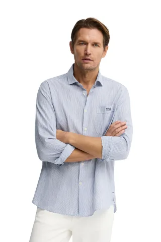 Gestreiftes Hemd Cotolino blau im Regular Fit mit Polo Club Stickerei