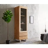 DELIFE Vitrine Live-Edge Akazie Natur 60x190 cm 1 Tür 2 Schubladen Massiv Baumkante