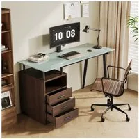 Flieks Schreibtisch mit hellgrüne Glasplatte, 3 Schubladen und offenem Ablagefach (1-St., B130/T50/H75 cm), Bürotisch Arbeitstisch Computertisch aus MDF, Walnussholzfarbe