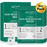 ALIVER Gesichtsmaske Tuchmaske 2-Step-System Anti-Aging Pflege mit Kollagen Coenzym Q10, 5-tlg., Hautstraffung, Nährend, Regenerieren, Revitalisieren, Verunreinigungen