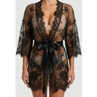 Elegant Love Morgenmantel Sexy Damen-Nachtwäsche – Transparenter Kimono mit Satin-Bindegürtel, Negligé-Robe aus Spitze, Zum Binden, Lingerie: Boudoir-Robe mit floralem Muster und tiefem V-Ausschnitt