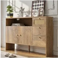 Flieks Kommode Mehrzweckschrank mit Rattan-Schubladen und Türen Holzoptik (1 St., B105/T40/H76 cm), Küchenschrank Sideboard Wohnzimmerschrank Natur