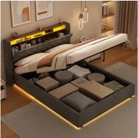 MODFU Polsterbett Mit Stauraum,LED-Beleuchtung und USB-Anschlüssen (Funktionsbett, 1-tlg., Stabiler Metallrahmen, inkl. Lattenrost, ohne Matratze), 140x200 cm, Hollandvelours, Kopfteil-Ablage