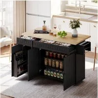 Flieks Küchenwagen Kücheninsel mit erweiterbarer Arbeitsplatte, Türregal und Rollen, (1 St), Servierwagen Küchenschrank Buffetschrank mit Schubladen Schwarz
