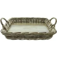 Dekoleidenschaft Tablett "Koboo Grey" Rattan, grau, mit Griffen, 50x35 cm groß, Serviertablett, Rattan, Korbtablett rechteckig, Kaffeetablett