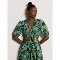 Apricot Crop-Top Top mit Patchwork-Muster aus tropischen Blättern Bindeband vorne