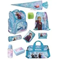 Familando Schulranzen Clou Schultasche Frozen Die Eiskönigin, blau - ab 1. Klasse (Komplett-Set, 10-tlg., mit Lunch-Set, Sporttasche und Schultüte 85cm), mit Anna & Elsa