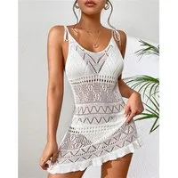 MOPUEA Blusenkleid Kurzes Damen Strandkleid aus Netzstoff Tief V Rückenfrei Transparent (1-tlg) Minikleid rückenfrei ärmellos mit Cut-out im Strandstil Einteiler