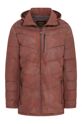 Herren-Steppjacke aus hellbraunem Leder mit Kapuze, Puffer-Wintermantel – Olyic