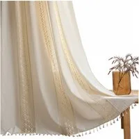 Agger Vorhang Boho-Vorhänge, beige Lochmuster-Gardine, Vintage-Landhausstil-Vorhänge, Fransen-Vorhänge