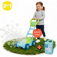 alldoro Seifenblasenspielzeug 2 in 1 Set: Seifenblasen-Rasenmäher mit 2,5L Nachfüllkanister, auslaufsicher, Licht & Hupe + XXL-Nachschub für Kinder ab 3 Jahren