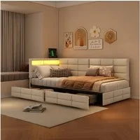 Gdood Polsterbett Doppelbett Daybett Tagesbett LED (Mit Steckdose & USB & TYPE-C, Hydraulisch hebbarer Stauraum, Geeignet für Jungen und Mädchen), Schlafsofa, Mit LED-Beleuchtung, Ladefunktion, Leinen, 90x200 cm